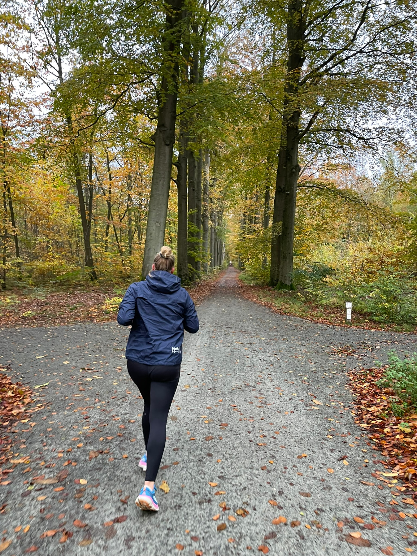 A woman running away from the camera along a leaf-covered forest path