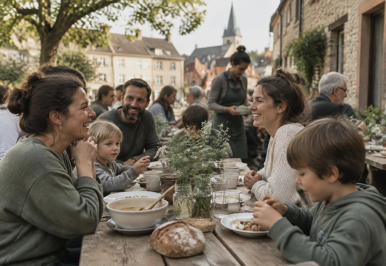 Families and volunteers gathered around a long table